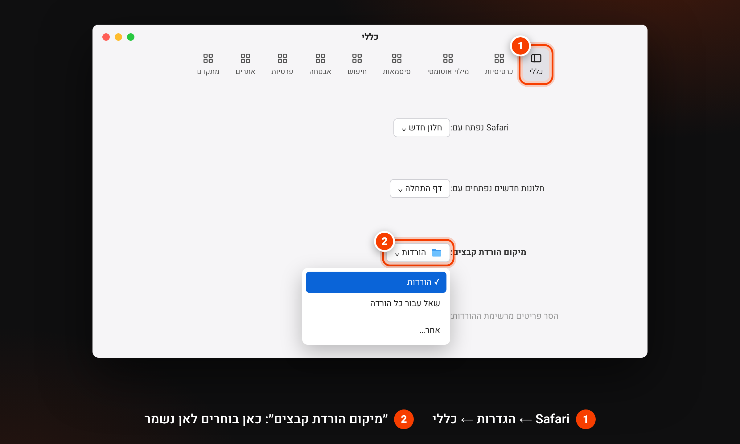הגדרות ספארי, לשונית כללי: השדה מיקום הורדת קבצים מסומן, ובתפריט שלו האפשרויות הורדות, שאל עבור כל הורדה, ואחר